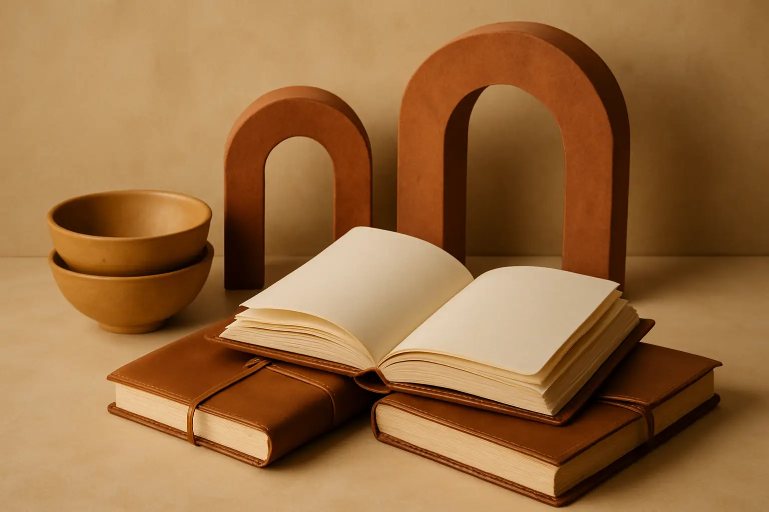 Terracotta studio with blank ledgers and clay arches